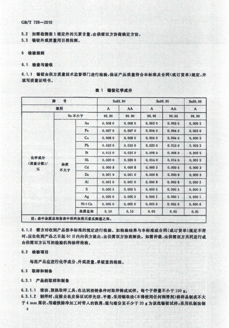 GBT728-2010錫錠國家標準